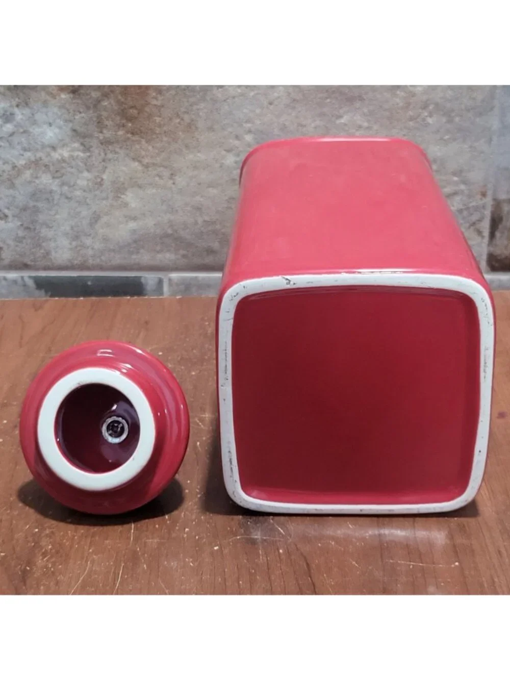 Red Ceramic Kitchen Canister Metal Lily Floral Finial 121/2 Inch Tall